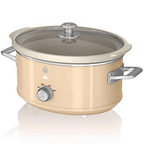 Swan Retro SF17021CNEU Mijoteuse 3,5L Récipient Amovible, Antiadhésif en Céramique Libre PFOA et PTFE, 3 Niveaux de température, Couvercle Verre, Slow Cooker, Design Vintage, Crème, 200 W